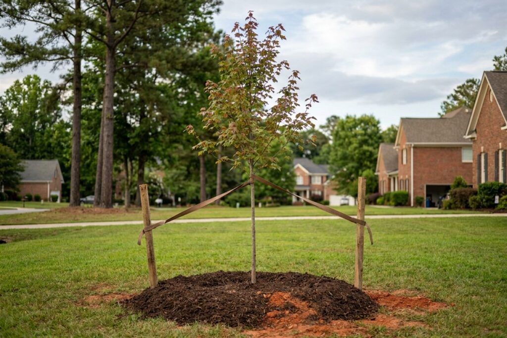 Young maple held upright with soft straps and two wooden stakes in a mulched bed over red clay soil in a Raleigh NC front yard