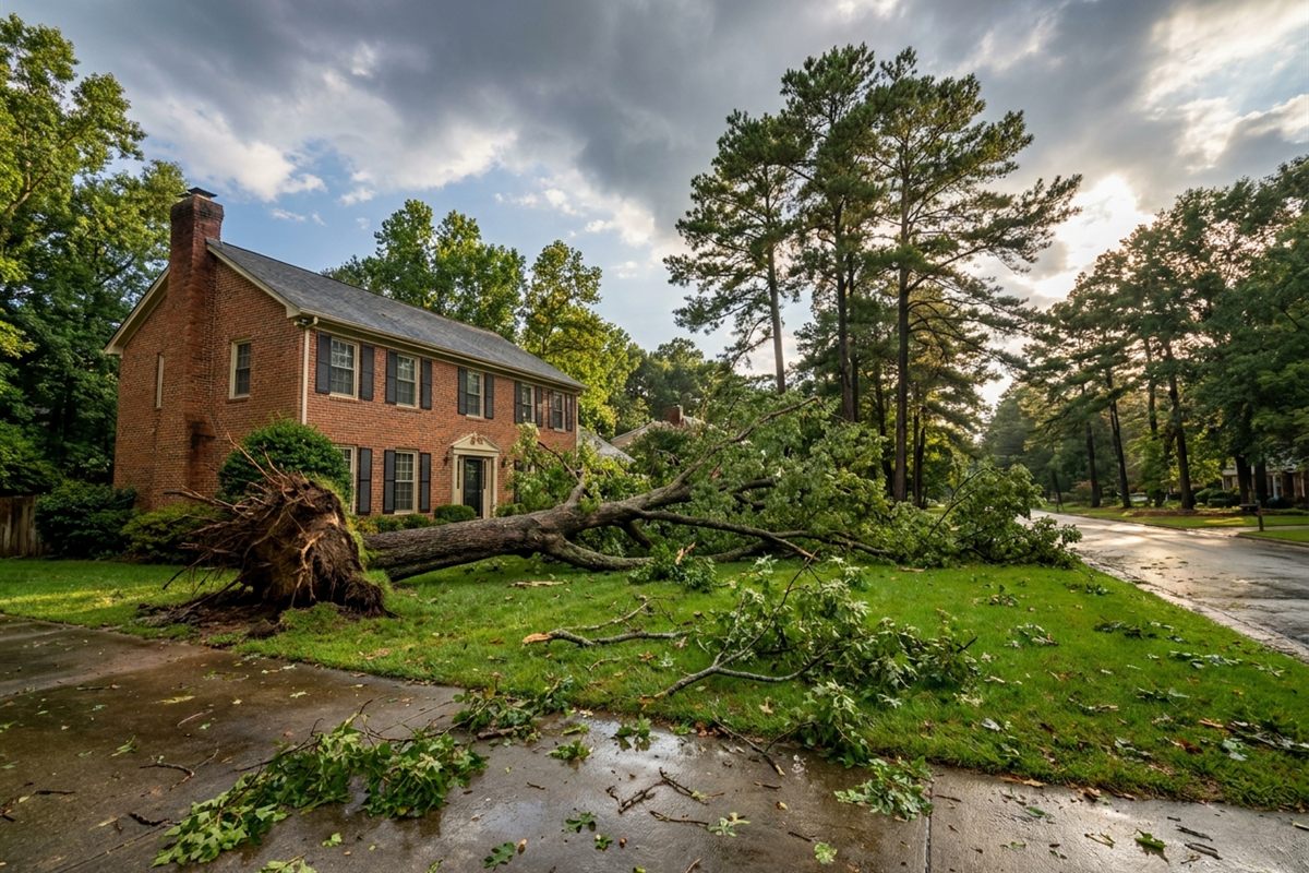 Large oak tree uprooted across the front lawn of a brick house after a storm in Raleigh NC