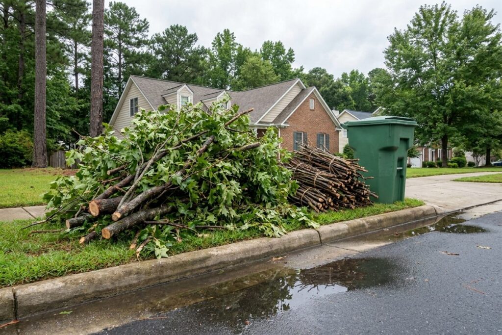Storm damaged tree limbs and tied stick bundles piled at the curb beside a yard waste cart in Raleigh NC