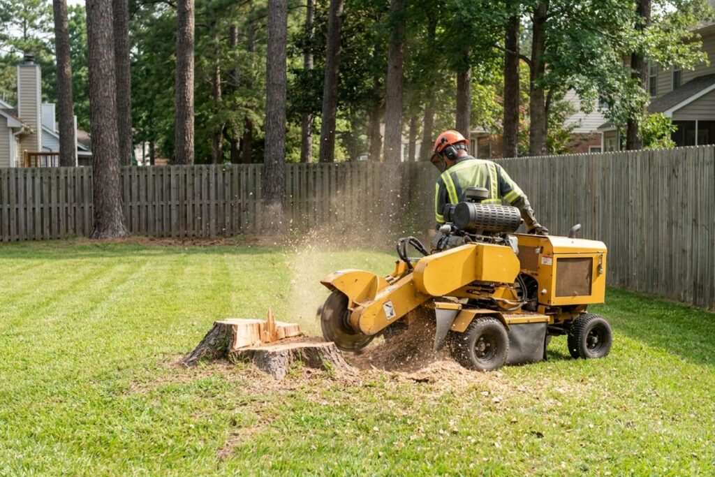 Stump grinder grinding the stump of a storm felled tree in a fenced backyard in Raleigh NC