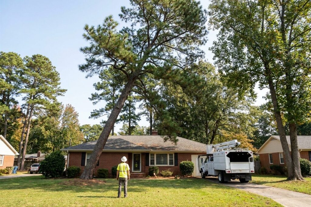 Tall pine leaning over a brick ranch house in Raleigh NC with a tree care worker assessing it and a bucket truck on the driveway