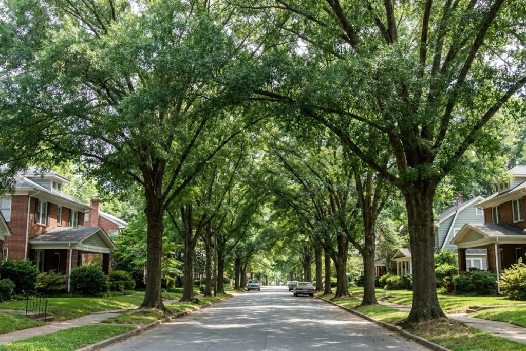 Mature willow oak trees forming a shade canopy over an older residential street in Raleigh NC