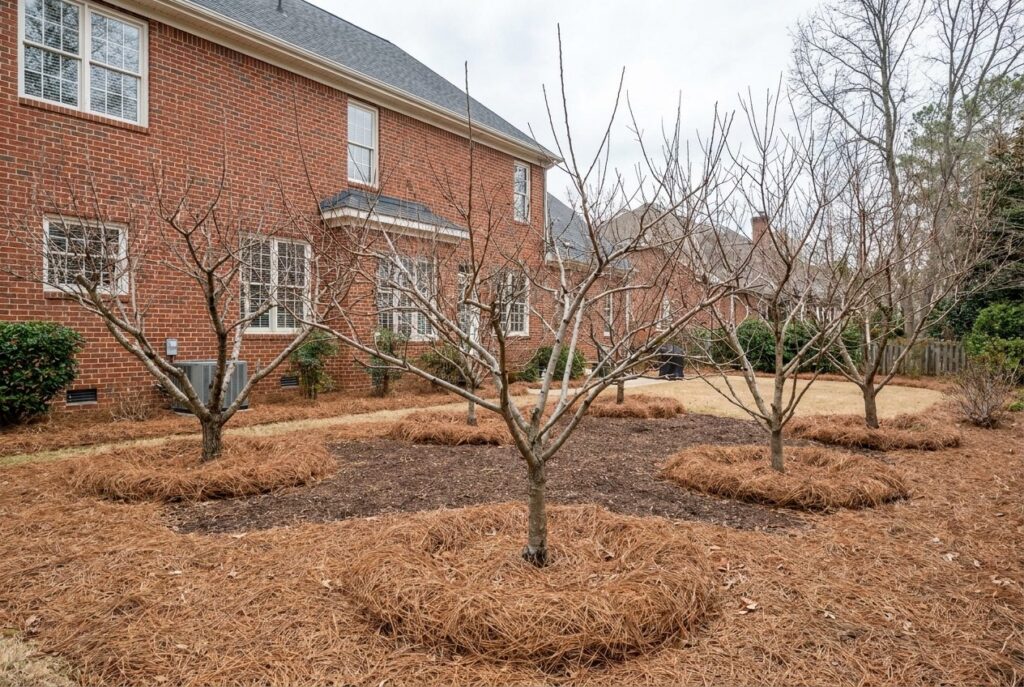 Dormant apple and fruit trees pruned with open, well-spaced branches in a Raleigh NC backyard in winter