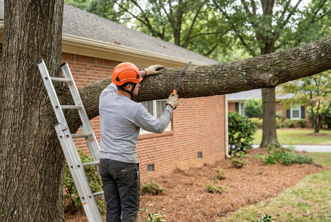 Arborist with a pruning saw beside a heavy oak limb next to a Raleigh NC home