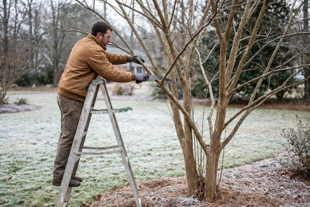 Arborist on a ladder pruning a crossing branch from a dormant crepe myrtle on a frosty late-February morning in Raleigh NC