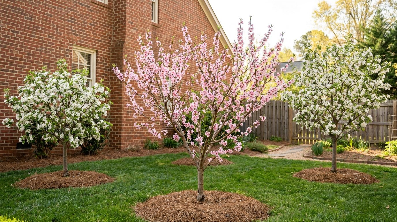 Pruned peach and apple trees in spring blossom in a Raleigh NC backyard