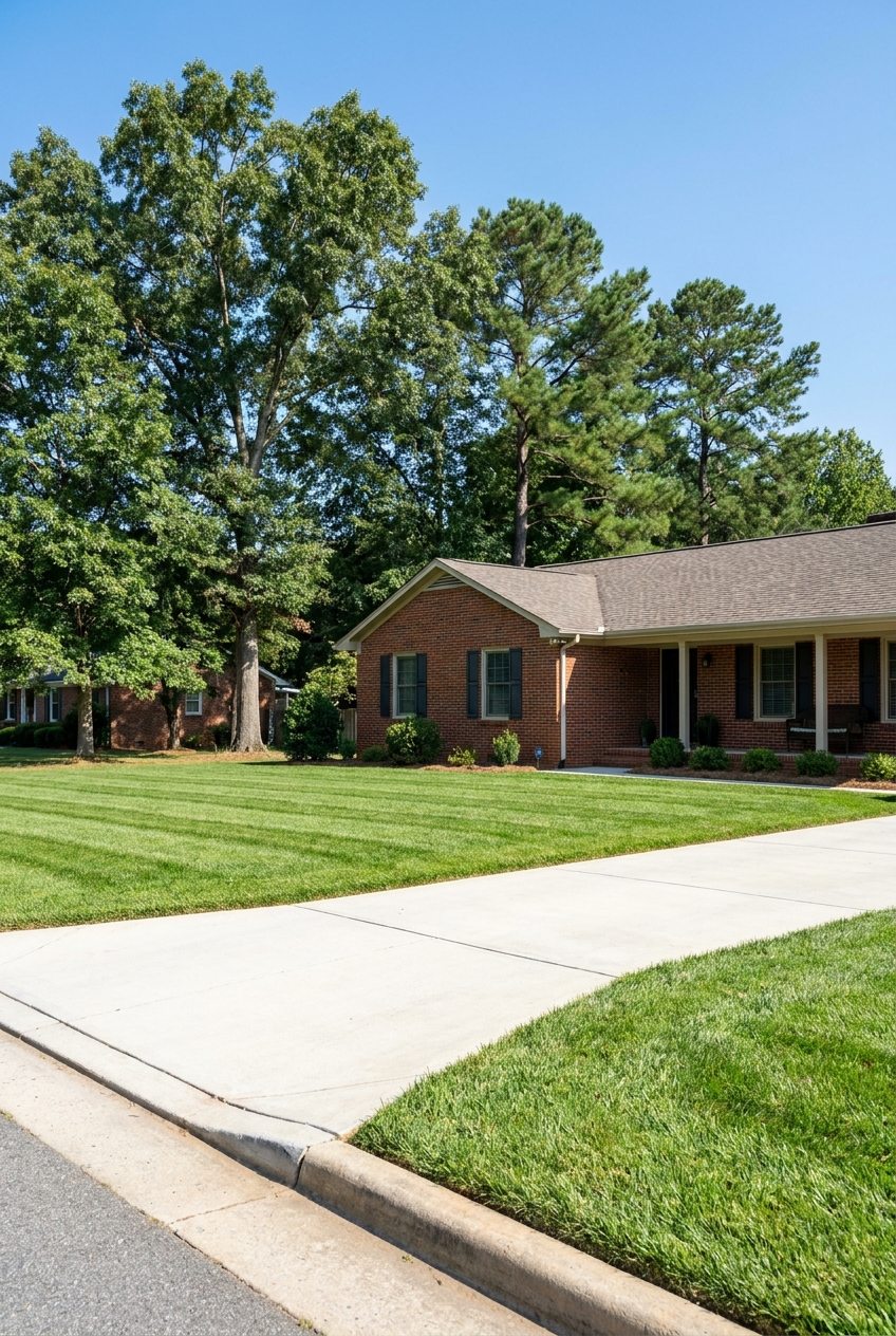 Clean front yard of a brick home after storm debris removal in Raleigh NC