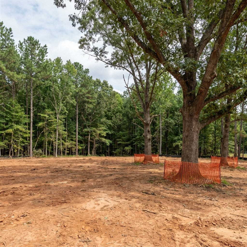 Cleared building lot with mature oaks protected by tree fencing in Raleigh NC