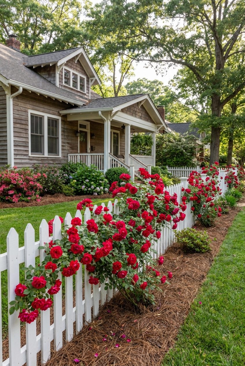 Red climbing roses in bloom on a white picket fence at a Raleigh NC home