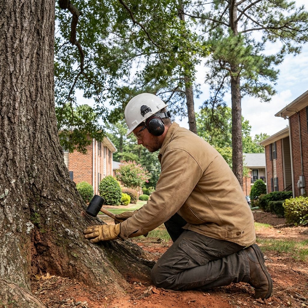 Arborist inspecting the trunk of a mature oak at an apartment complex in Raleigh NC
