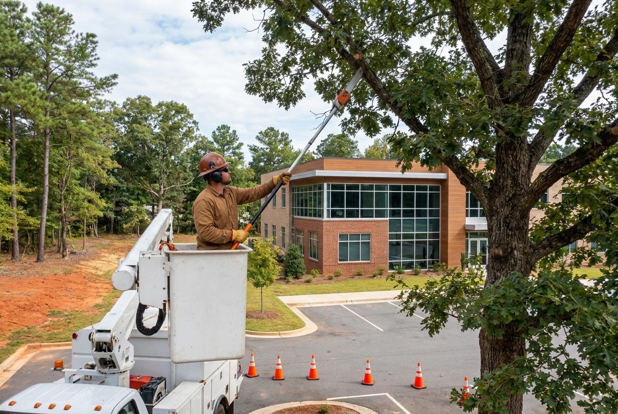 Tree crew member in a bucket truck trimming an oak beside an office parking lot in Raleigh NC