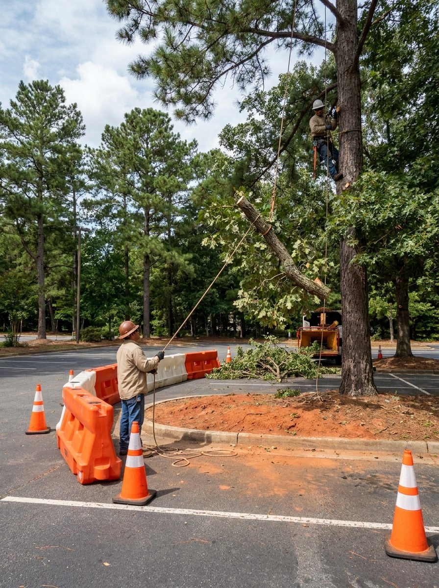 Traffic cones and a safety barrier around commercial tree work in a Raleigh NC parking lot