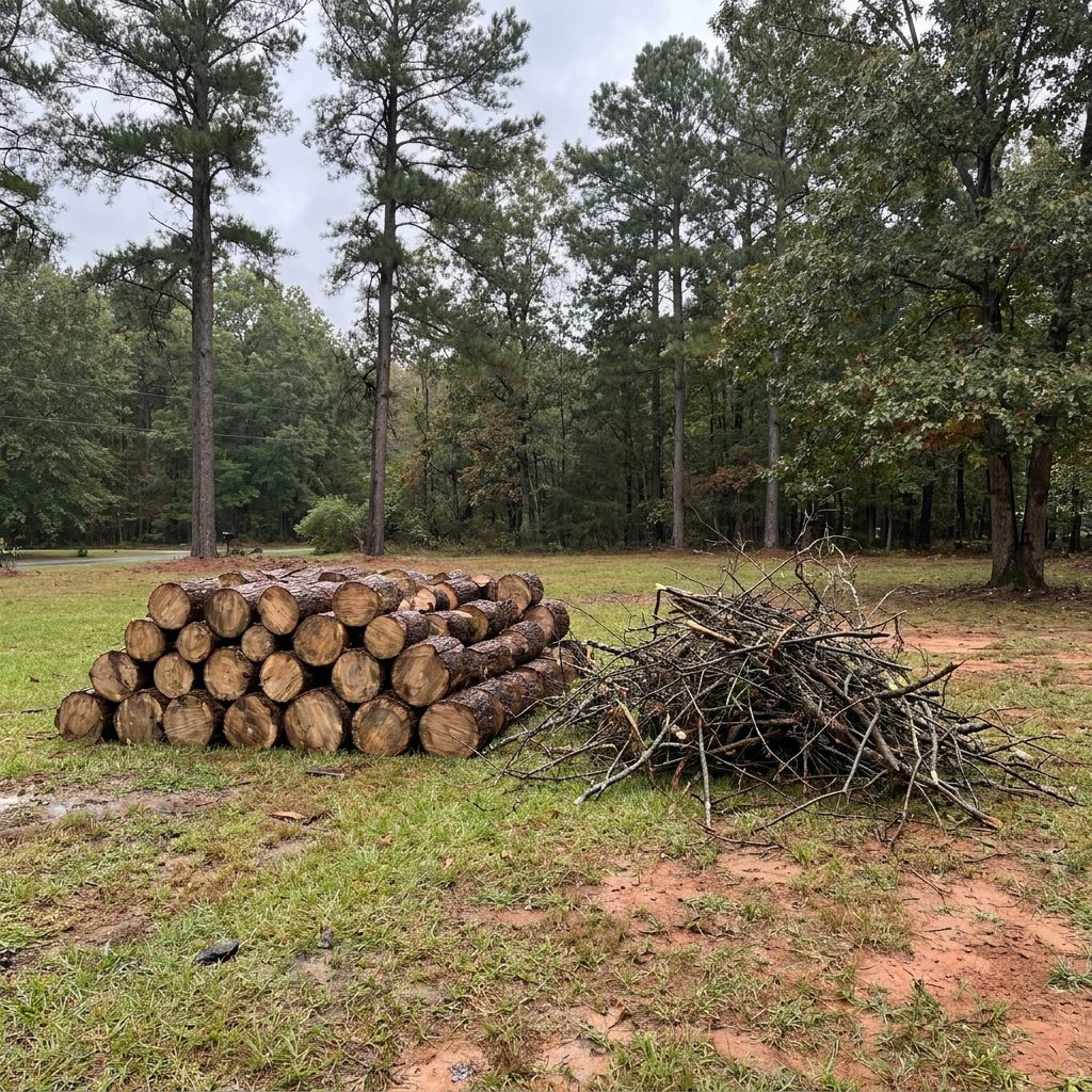 Stacked log rounds and a pile of cut branches after storm cleanup in a Raleigh NC yard