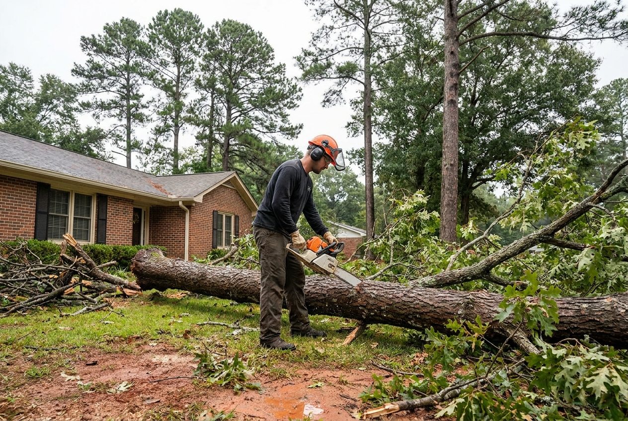 Tree crew member cutting a fallen oak trunk into sections on a lawn after a storm in Raleigh NC