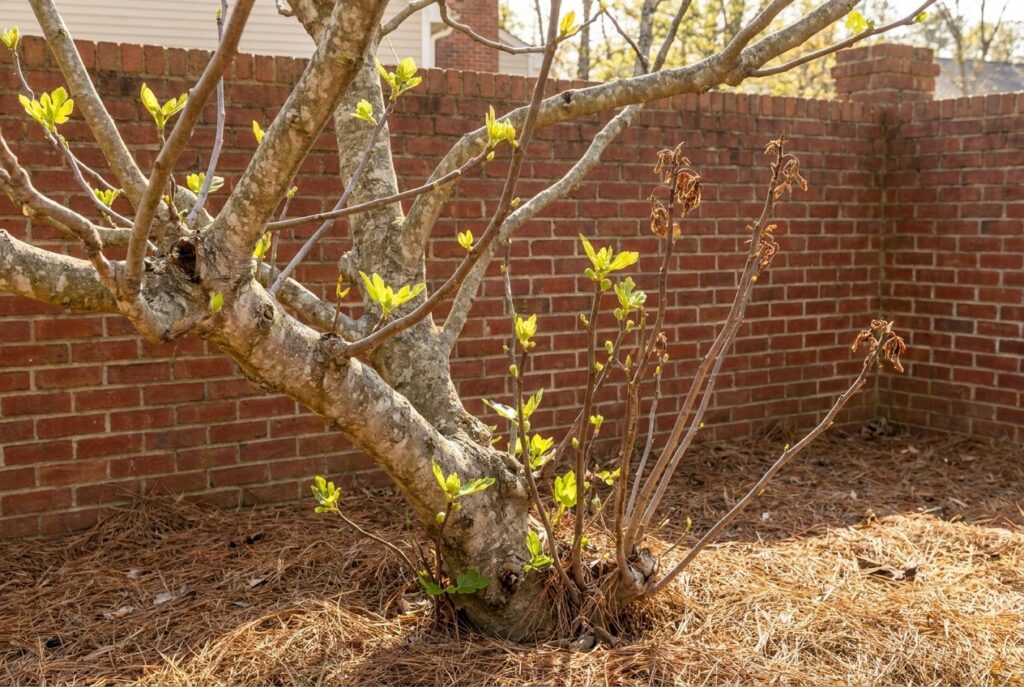 Fig tree with new spring leaves and a few cold-damaged branch tips against a brick wall in Raleigh NC
