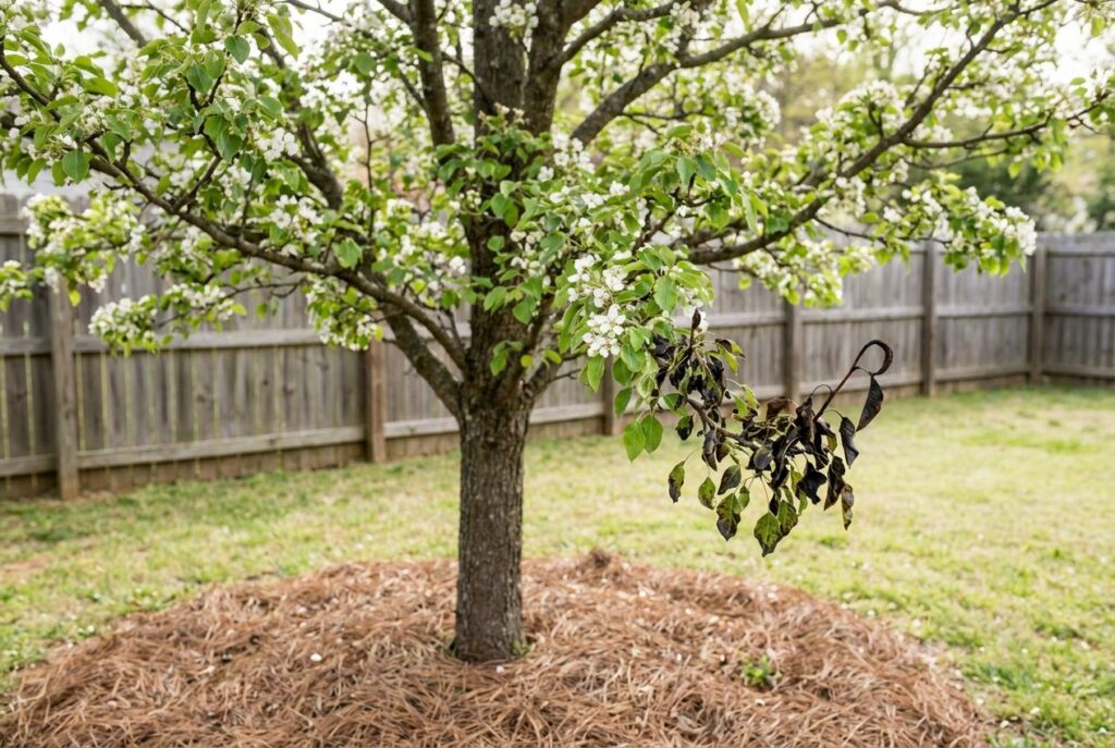 Pear tree branch with fire blight showing blackened leaves and a hooked shoot tip in spring