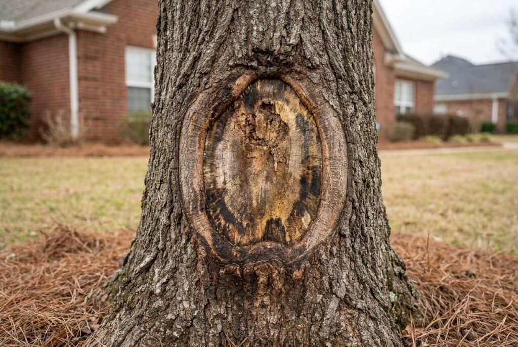 Flush pruning cut against a tree trunk with a large wound and early decay