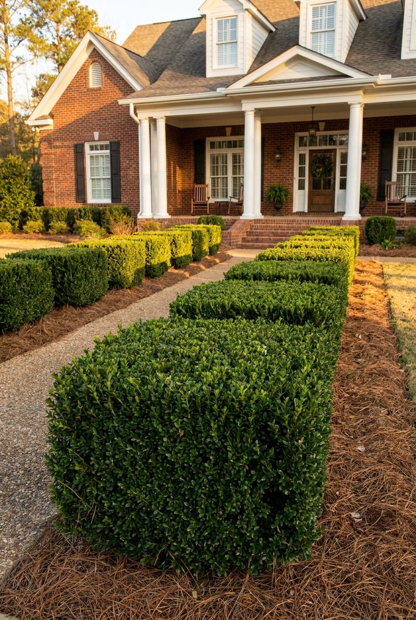 Formal trimmed hedges lining the front walkway of a Raleigh NC home