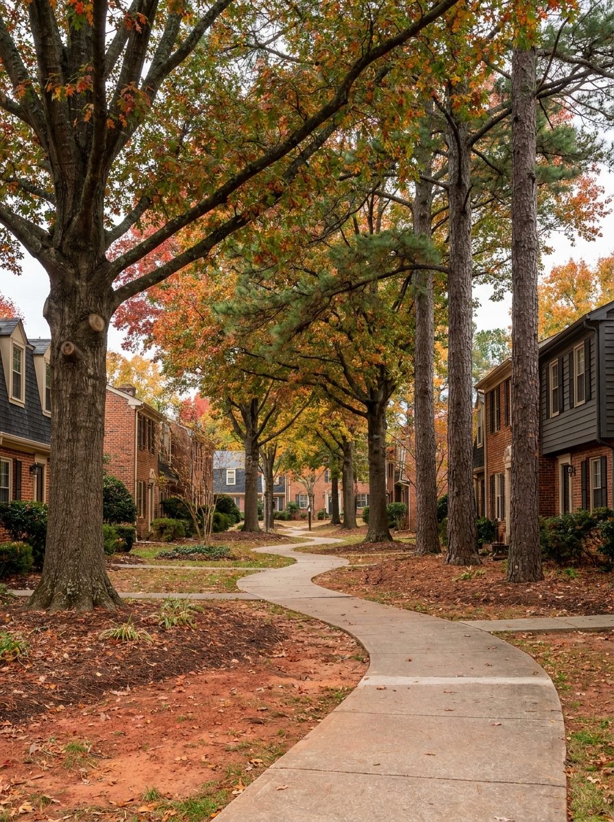 Trimmed shade trees along a townhome community walkway in Raleigh NC