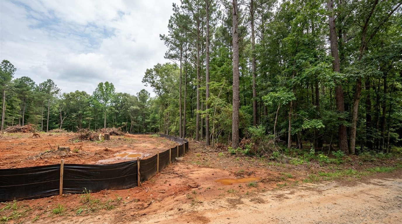 Partly cleared wooded lot with a silt fence along the edge in Raleigh NC