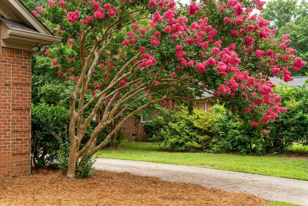 Naturally shaped crepe myrtle in full pink summer bloom beside a driveway in Raleigh NC