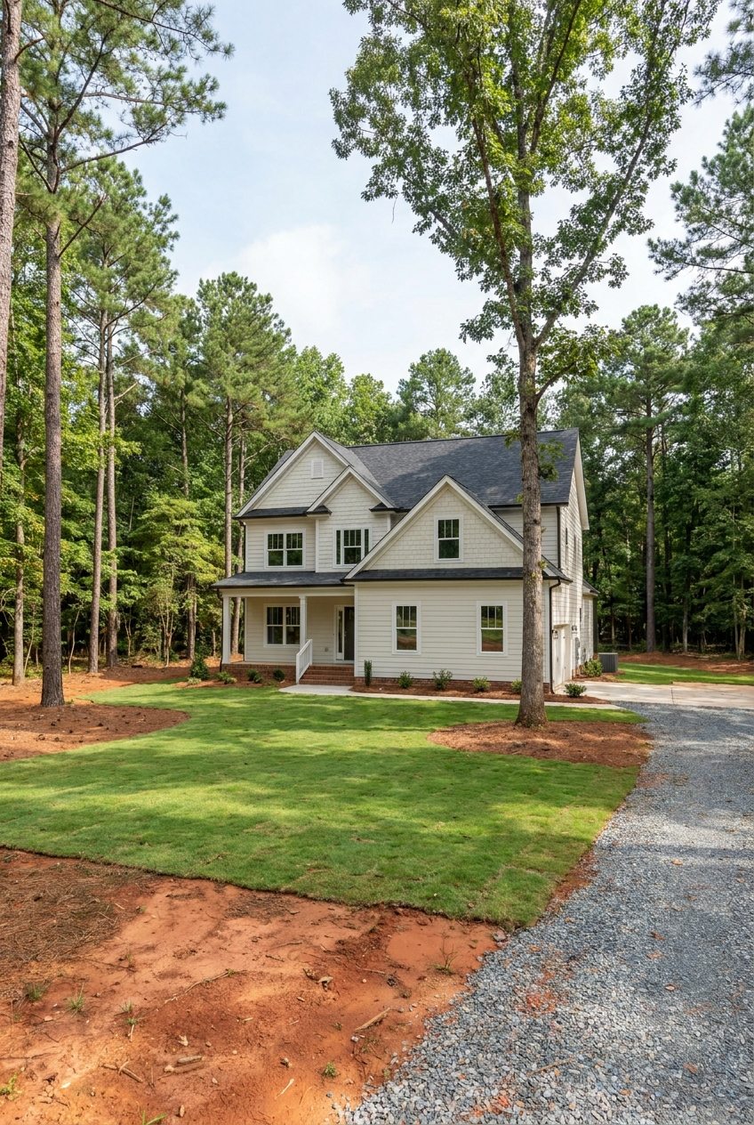 New home on a cleared wooded lot with mature trees kept in Raleigh NC