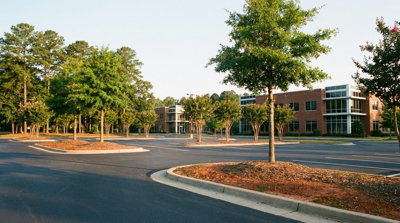Office park parking lot with neatly pruned trees in landscaped islands in Raleigh NC