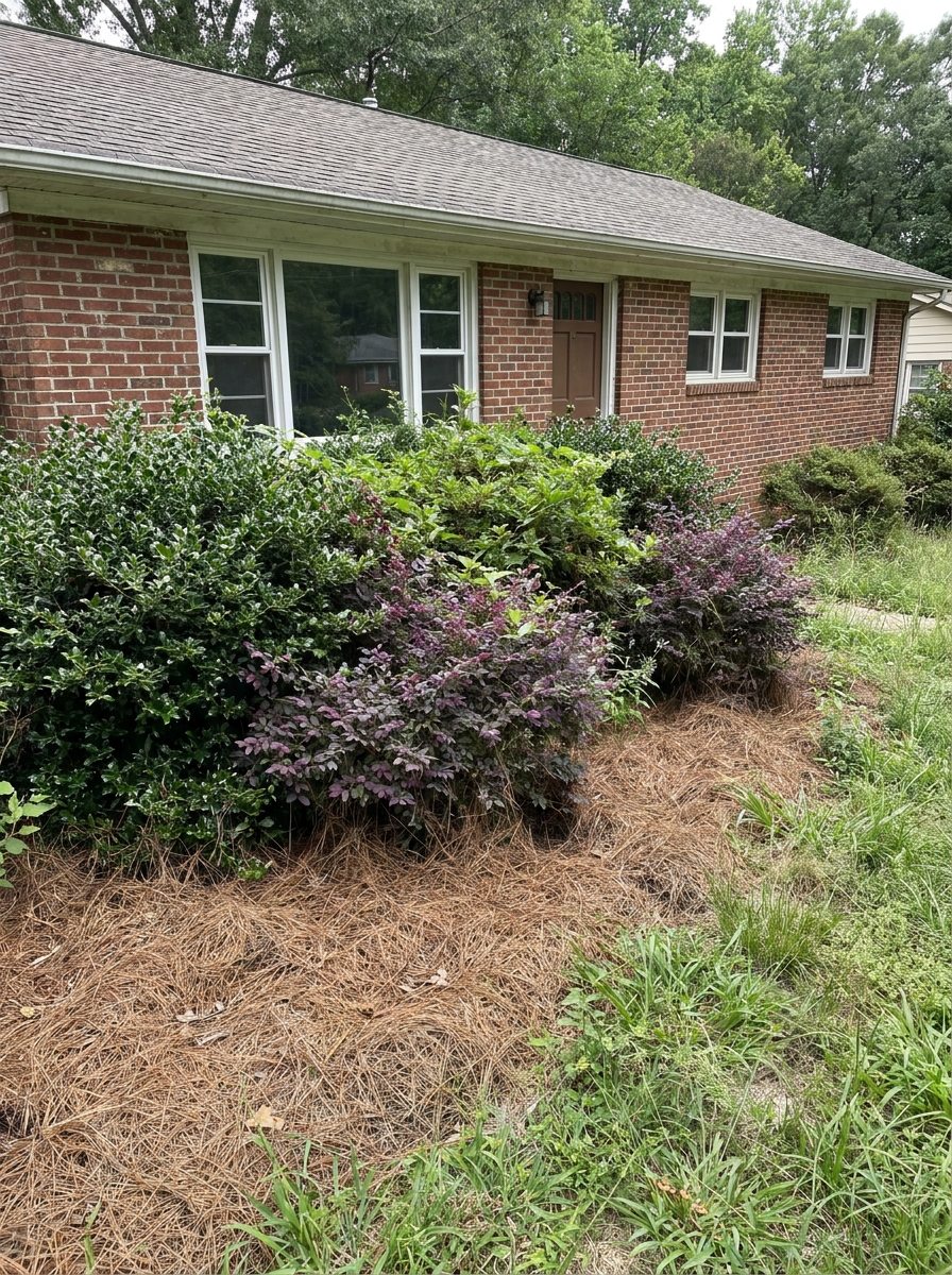 Overgrown foundation shrubs covering the windows of a brick ranch house in Raleigh NC