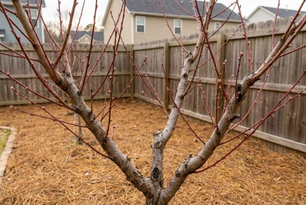 Dormant peach tree pruned to an open center with three main limbs and red one-year shoots