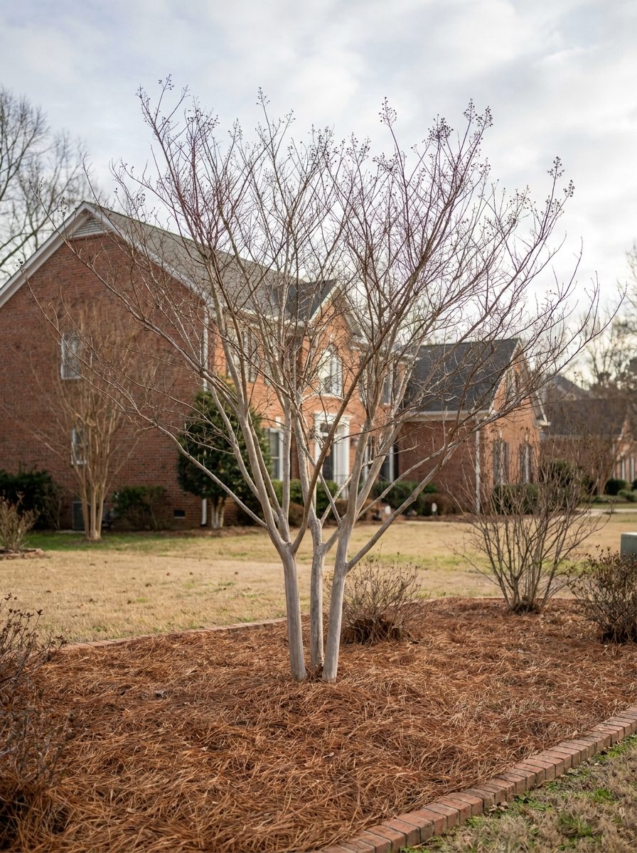 Correctly pruned dormant crape myrtle with a natural vase shape in a Raleigh NC yard