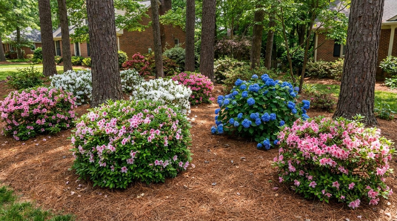 Well-pruned azaleas and a blue hydrangea in a shaded Raleigh NC garden