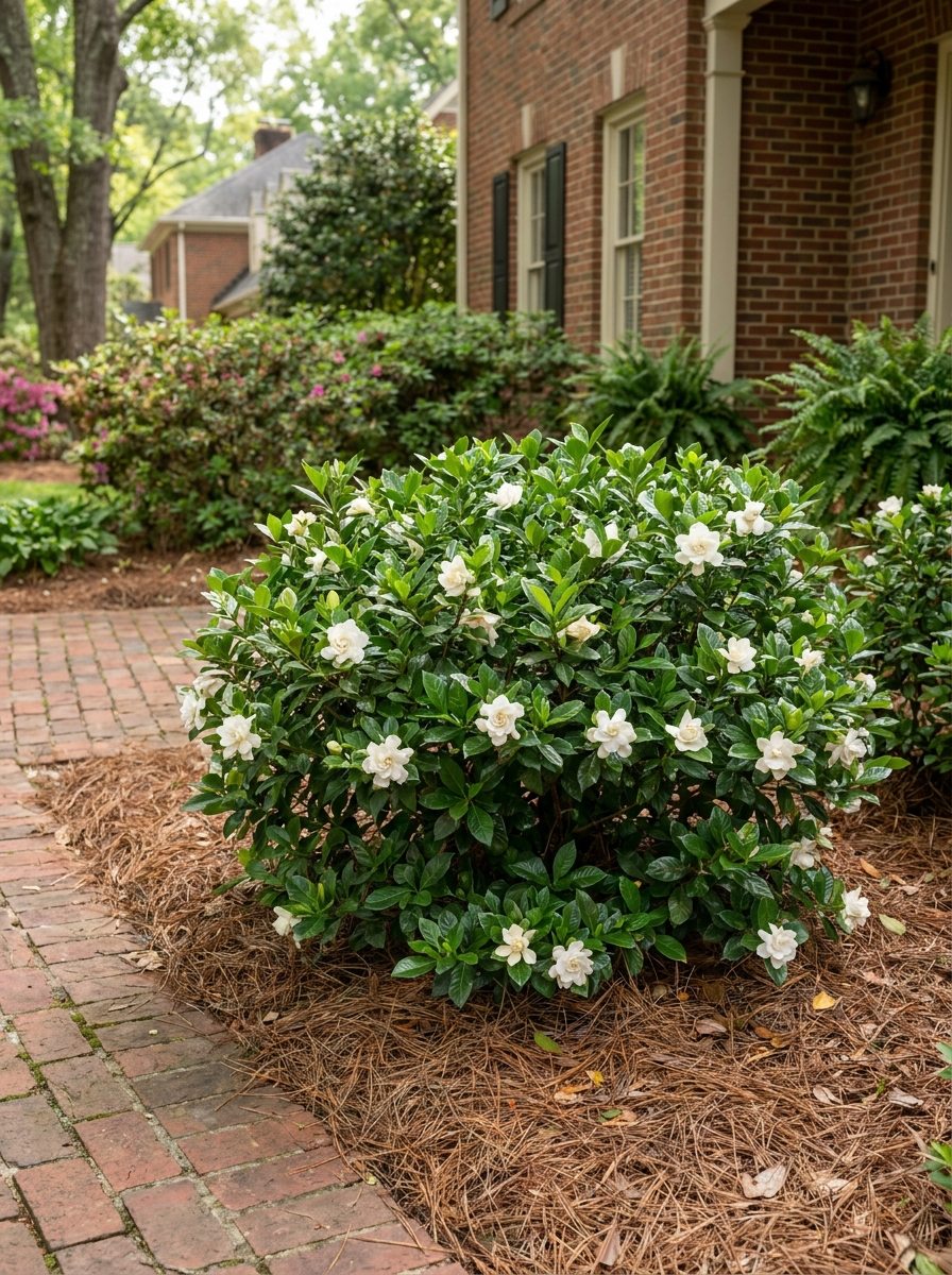 Healthy pruned gardenia shrub in bloom beside a brick walkway in Raleigh NC