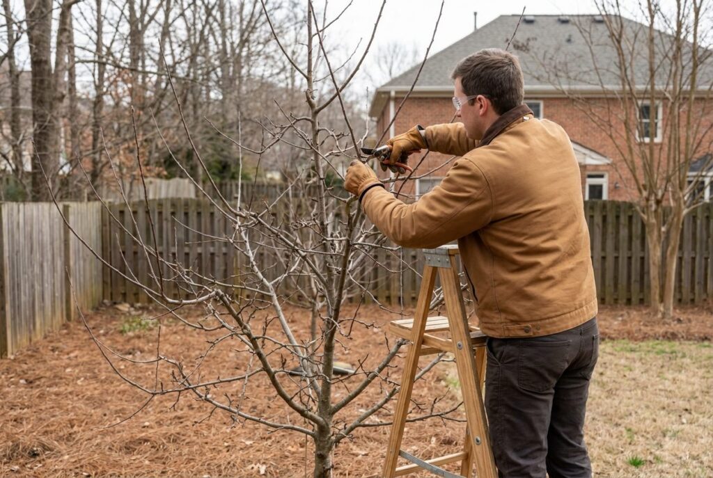 Arborist on a ladder pruning a dormant apple tree with hand pruners in a Raleigh NC backyard in February