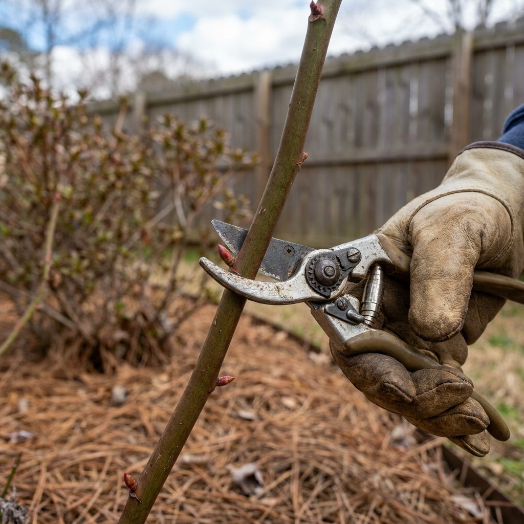 Bypass pruners cutting a dormant rose cane above an outward-facing bud