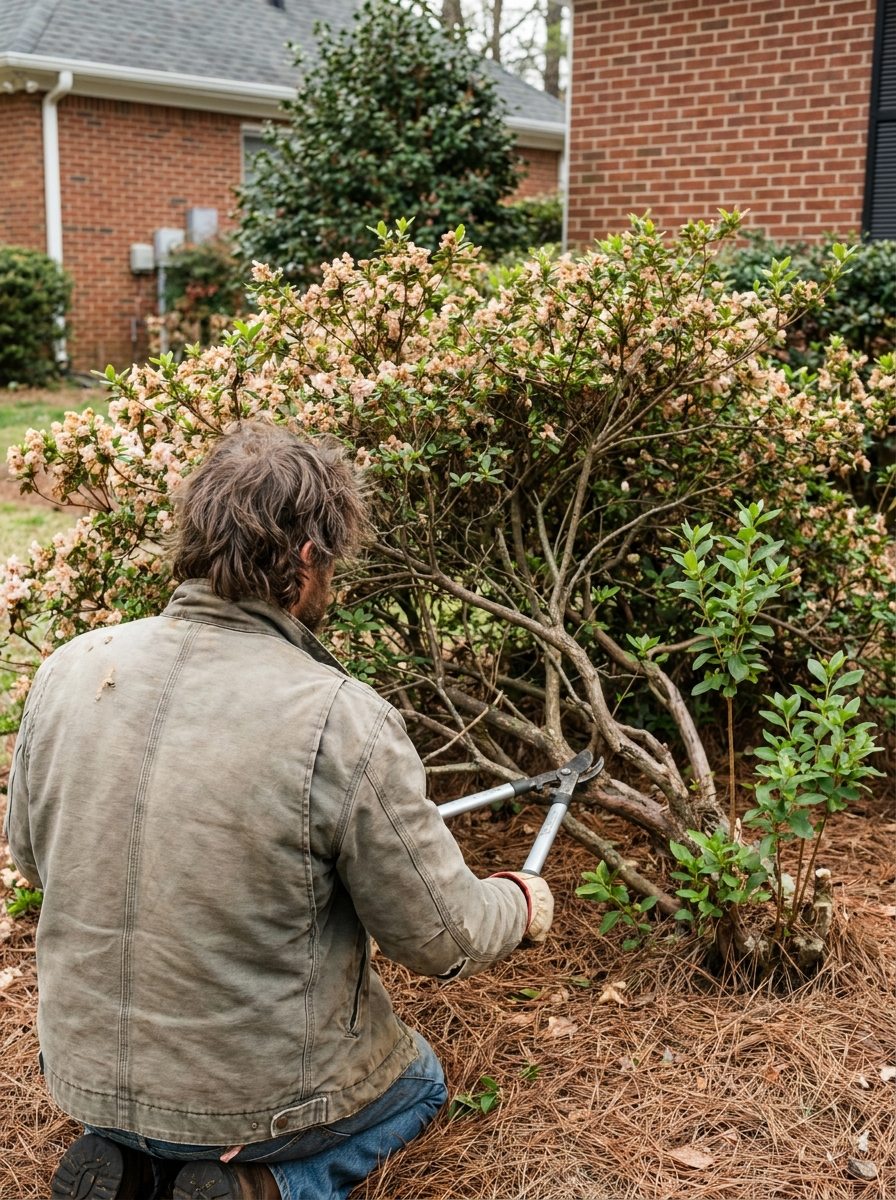 Gardener using loppers to remove an old stem from an overgrown azalea during rejuvenation pruning in Raleigh NC