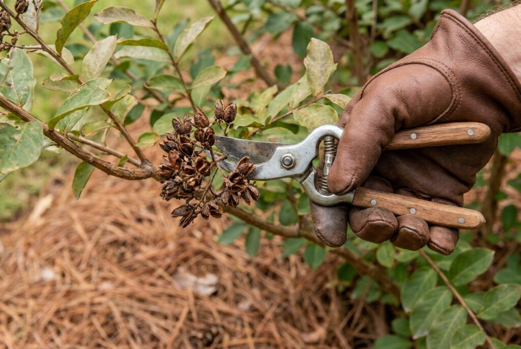 Hand pruners removing a spent crepe myrtle seed pod cluster in summer