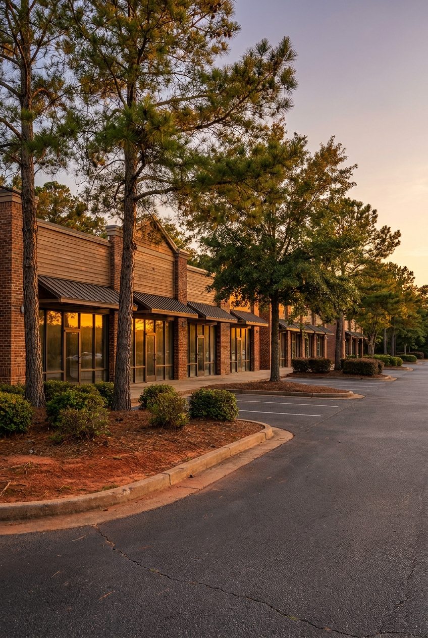 Retail center storefronts with well-maintained trees in Raleigh NC