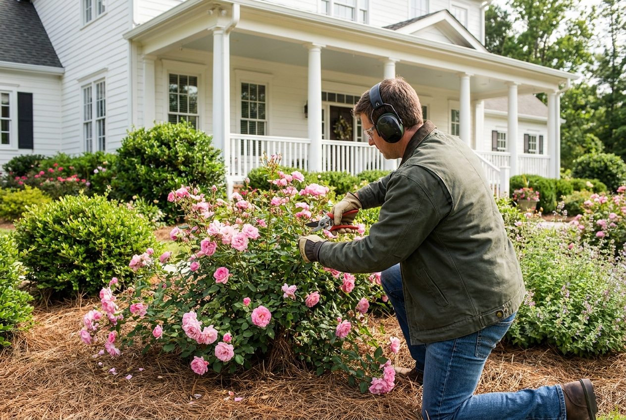 Gardener pruning a pink shrub rose with hand pruners at a Raleigh NC home
