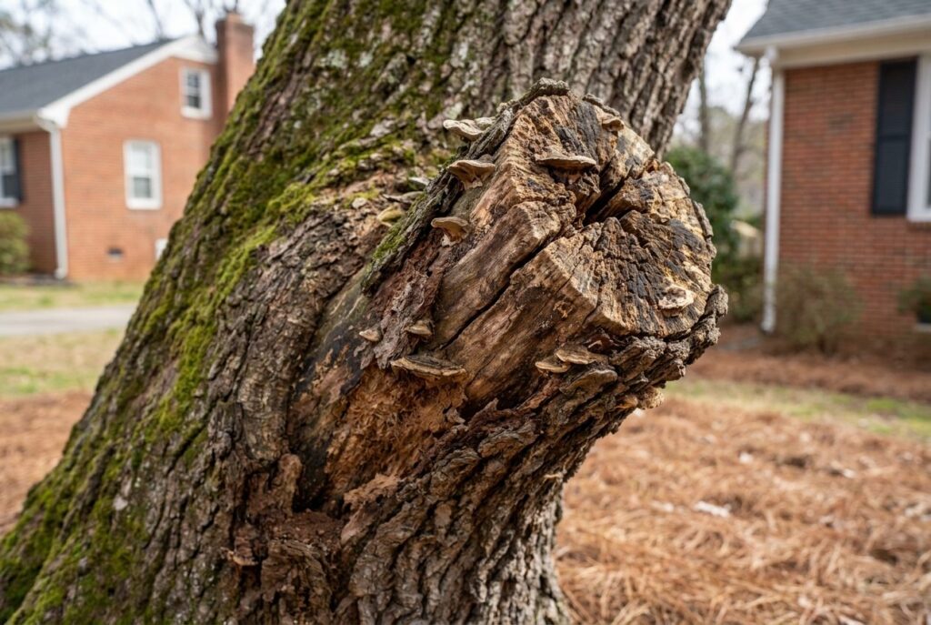 Dead branch stub left on a trunk after a bad pruning cut, rotting with fungus