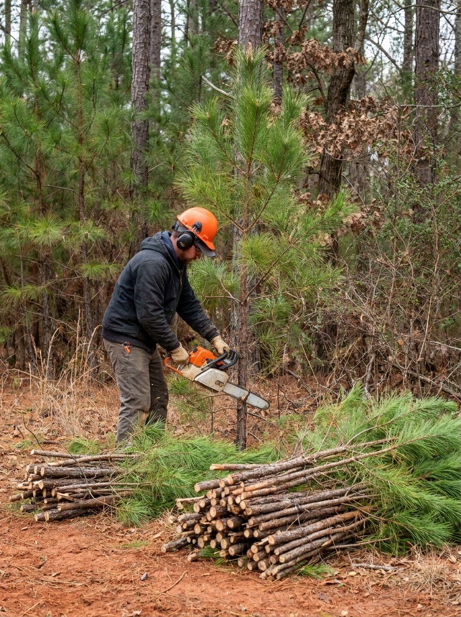 Tree crew member cutting a small pine during selective lot clearing in Raleigh NC