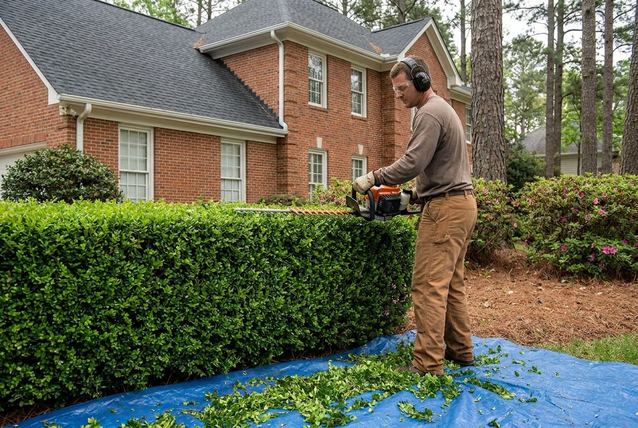 Landscaper trimming a boxwood hedge with a hedge trimmer at a brick home in Raleigh NC