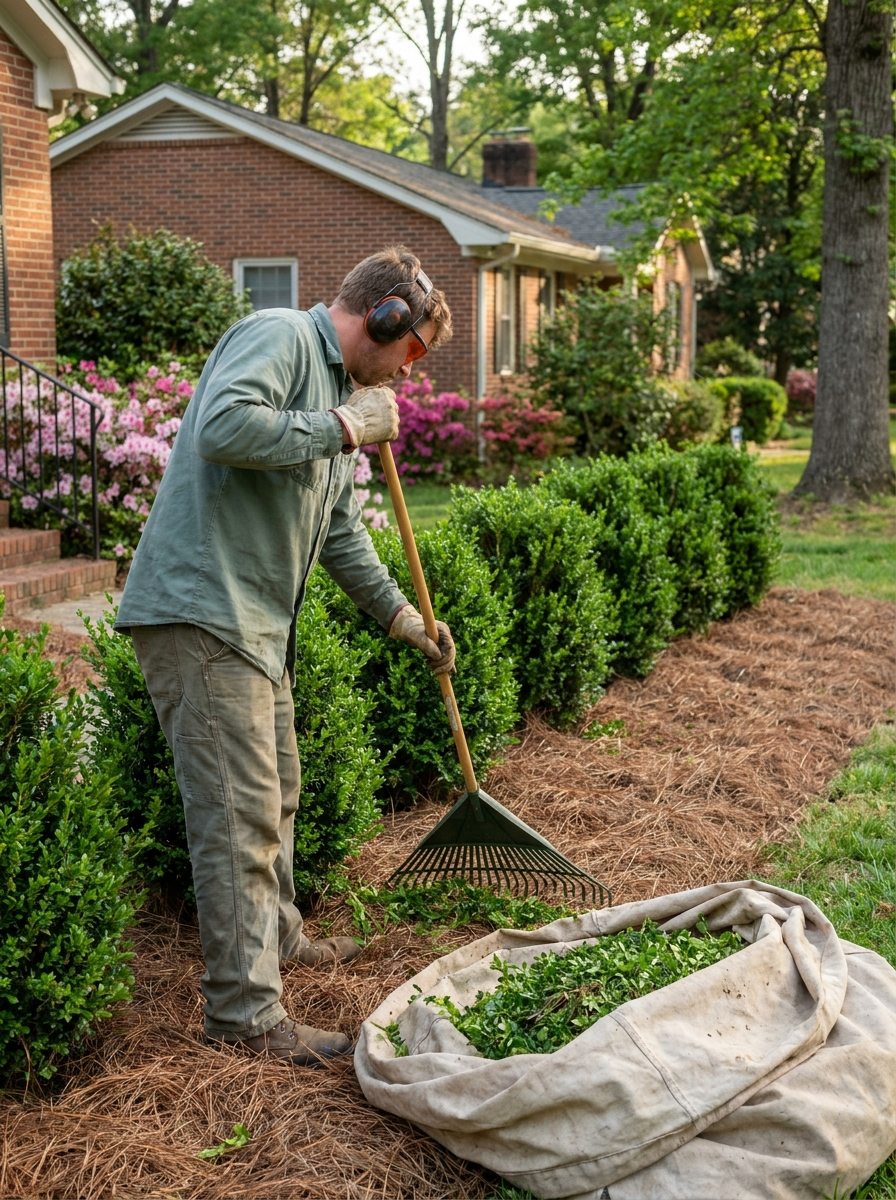Raking hedge clippings onto a tarp after shrub trimming in Raleigh NC