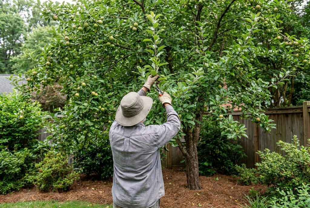 Gardener removing an upright water sprout from an apple tree in early summer
