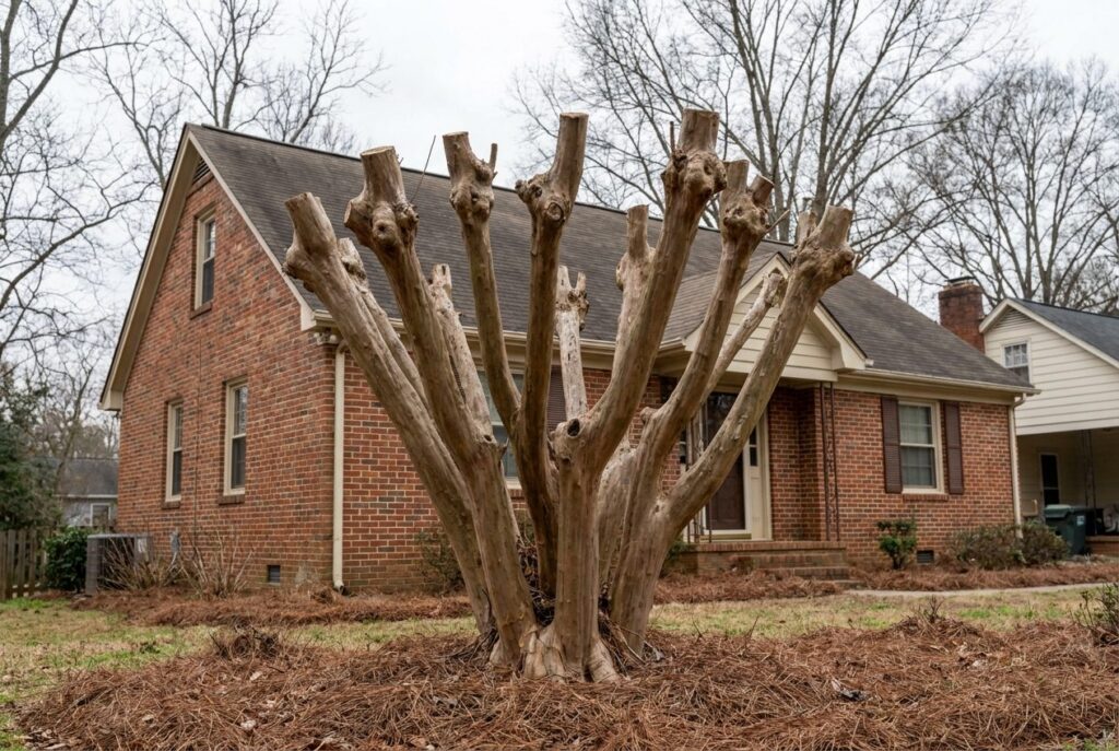 Topped crepe myrtle cut back to thick knobby stubs in front of a brick house in Raleigh NC