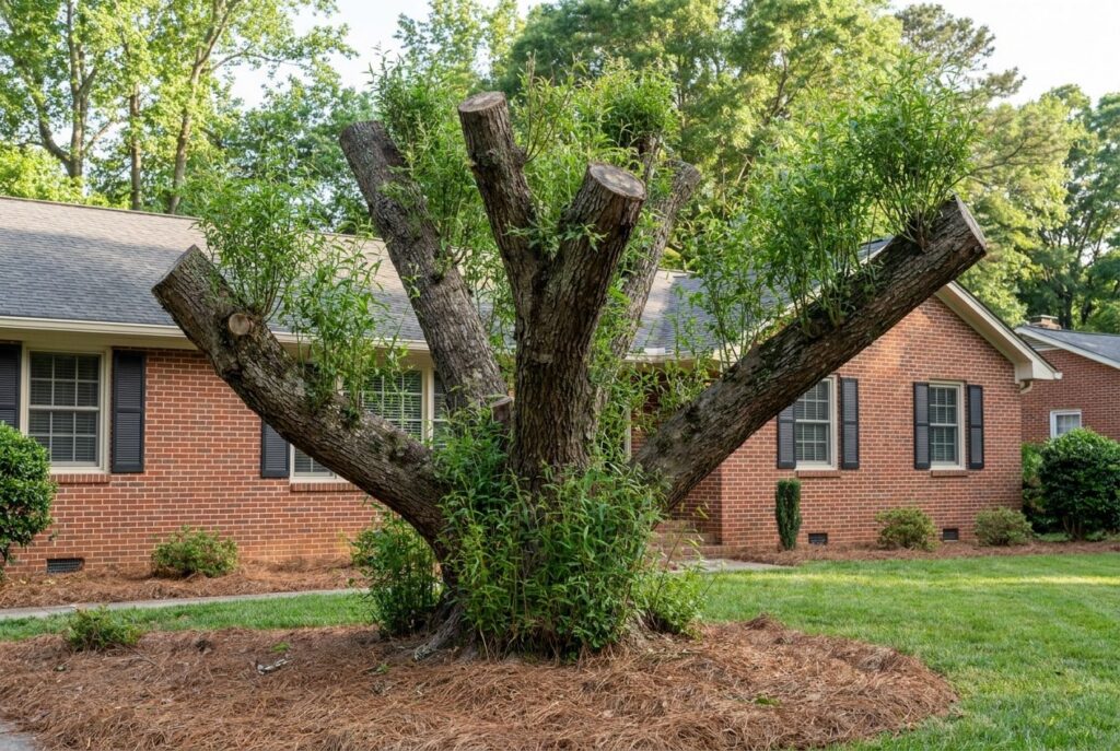 Badly topped tree with limbs cut to stubs and weak sprouts growing from each cut in Raleigh NC