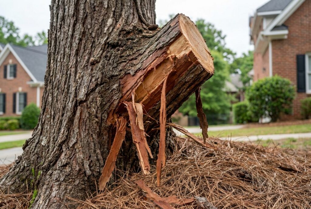 Torn bark ripped down a tree trunk below a limb removed in one cut