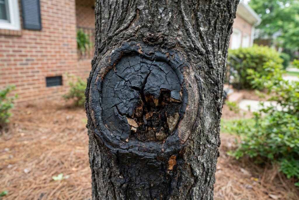 Pruning cut painted with black wound sealer that has cracked over decay