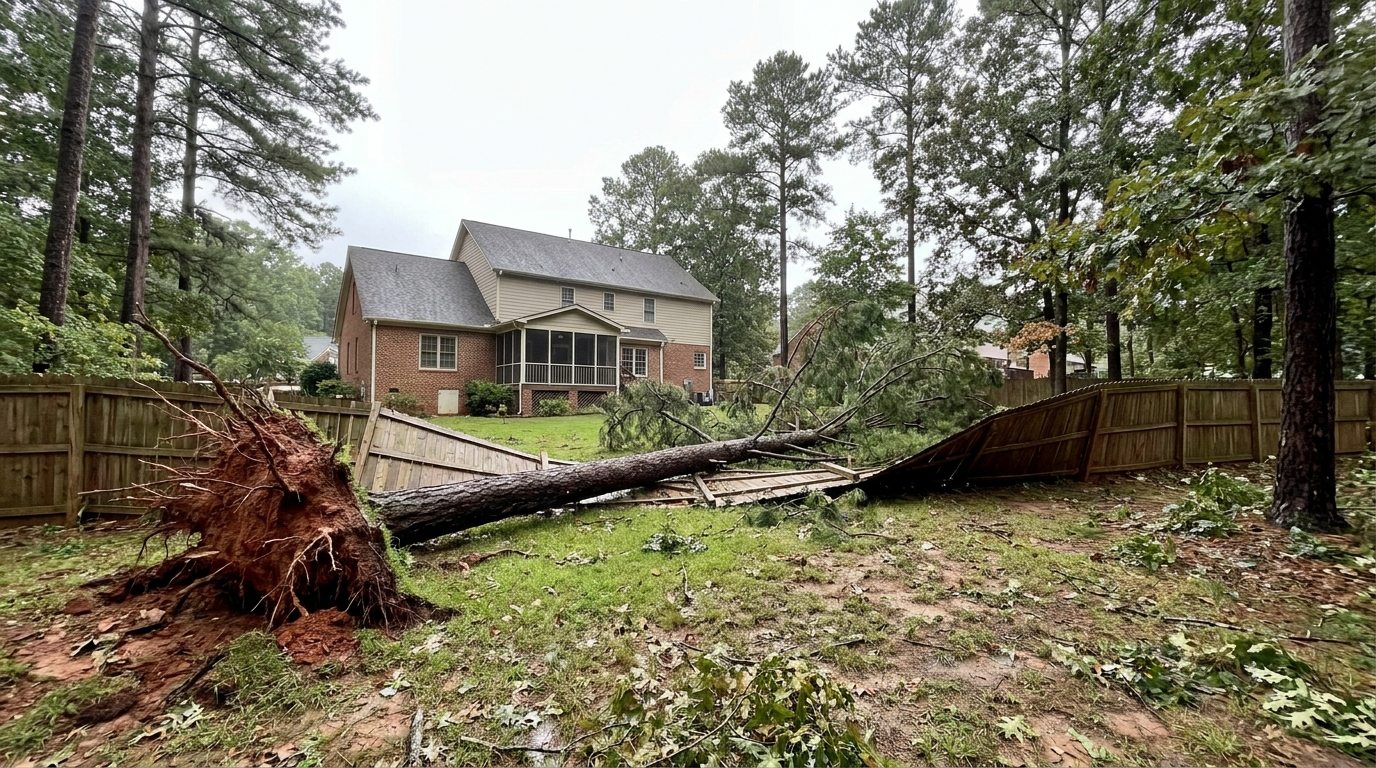 Uprooted pine tree lying across a backyard fence after a storm in Raleigh NC