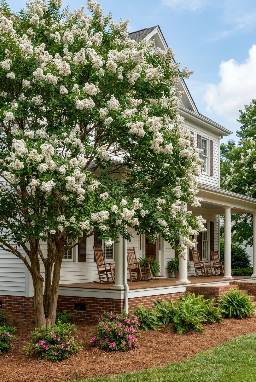 White crape myrtle in full bloom beside the porch of a Raleigh NC home