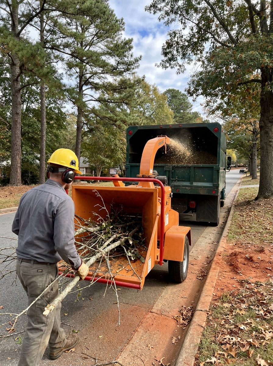 Worker feeding storm branches into a wood chipper at the curb in Raleigh NC